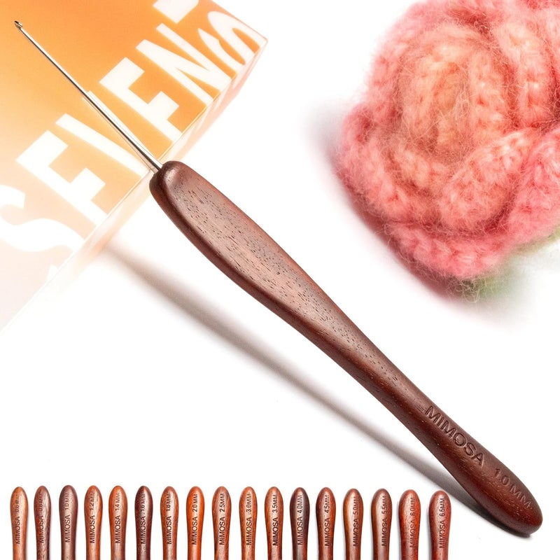 sevensun Mimosa 1.0mm Single Crochet Hook, Available in 0.6mm-6.5mm, Ergonomic Hand Polished Stainless Steel Inline Pointy Wood Handle Crochet Hook for Arthritic Hands, Mother's Day Gifts for Mom - Image 1